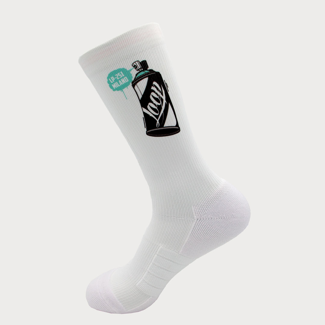 Weißer Socken mit schwarz-blauem, bedrucktem Musterdesign